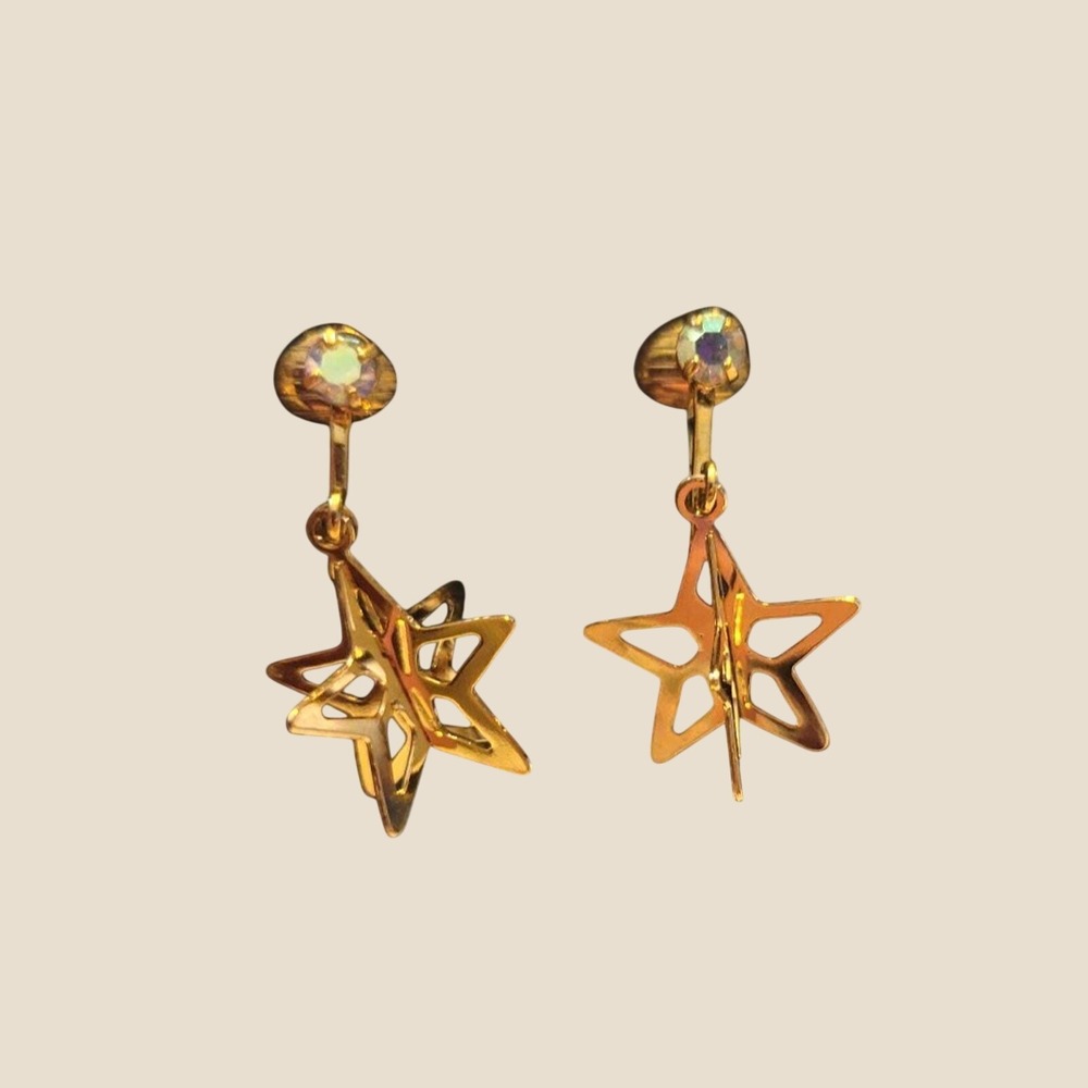 Avon Clip On Earrings Rhinestone Accent 3D Star Drop Celestial Gold Tone Vintage